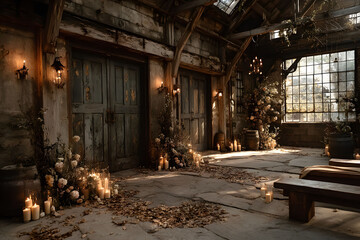 Rustic Autumn Wedding Venue with Vintage Decor and Cozy Candlelight Ambiance for Event Design