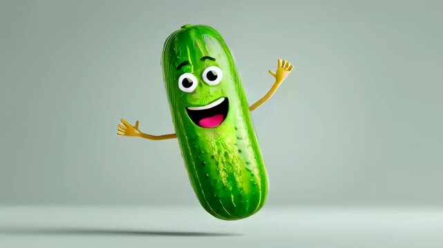 Cartoon cucumber is smiling and waving. The cucumber is green and has a happy expression