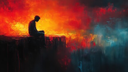 Man sits on cliff edge, fiery landscape behind.