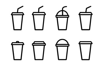 Outline set of beverage cups with lids and straws on gradient background