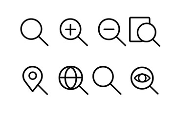 Neon search icons set on dark background