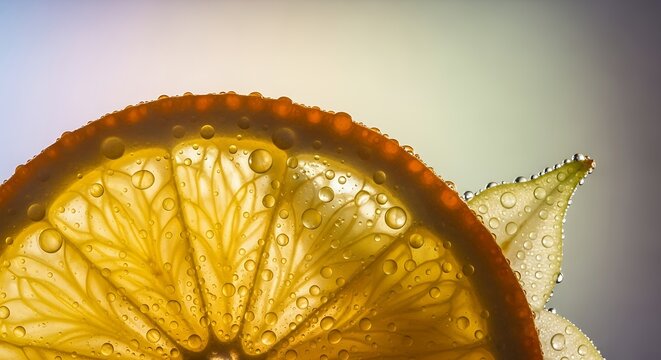 A close-up macro shot of a translucent orange slice with numerous tiny bubbles clinging to its surface, set against a soft, gradient background.