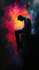 Man sitting on edge, head down, colorful background.