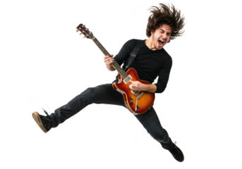 Dynamic musician captures energetic performance playing electric guitar mid-air jump transparent background