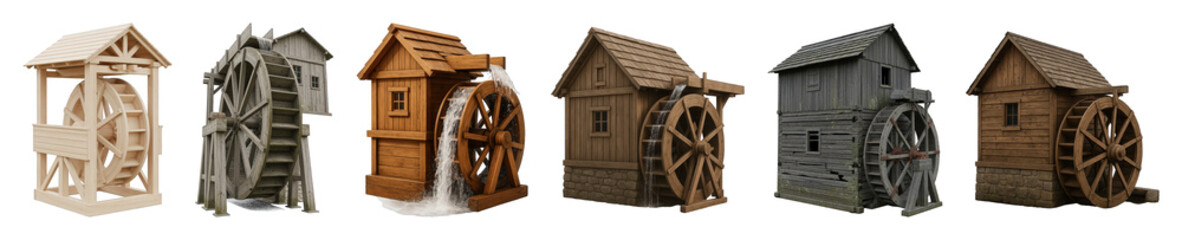 Water mill set including new, aged, and rustic wooden structures with and without flowing water isolated. Historical architecture collection.