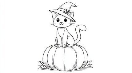 Black and white drawing of a cat wearing a witch hat sitting on a pumpkin