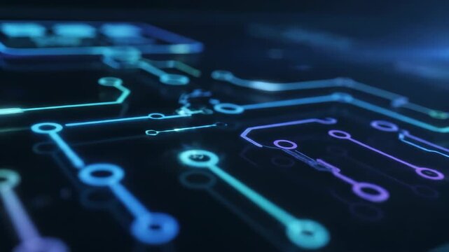 Glowing circuit board digital neon lines technology background seamless loop smart workflow chart futuristic abstract blue cyber electronic innovation modern, featuring seamless digital circuit neon