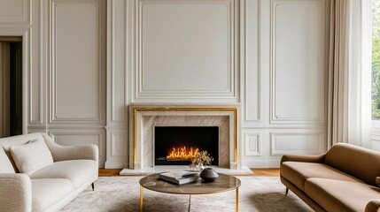 Fototapeta premium A stylish living room featuring elegant furniture, a decorative fireplace, and a soft color palette, creating a cozy and inviting atmosphere.