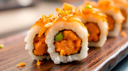 A closer look at the sushi reveals a burst of orange from the sweet potato tempura filling complemented by the mild heat of wasabi.