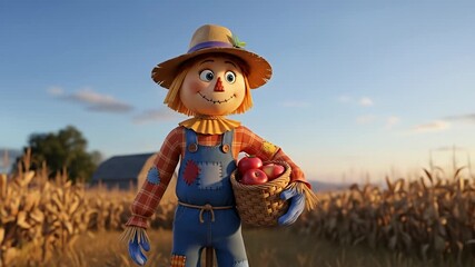 Cheerful cartoon scarecrow holding a basket of apples in a golden cornfield at sunset - Powered by Adobe