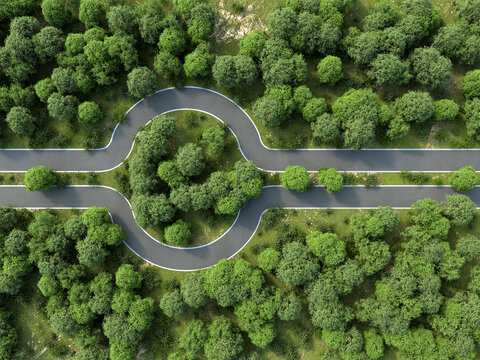 Aerial view of symbolic roundabout road in forest as 3d rendering