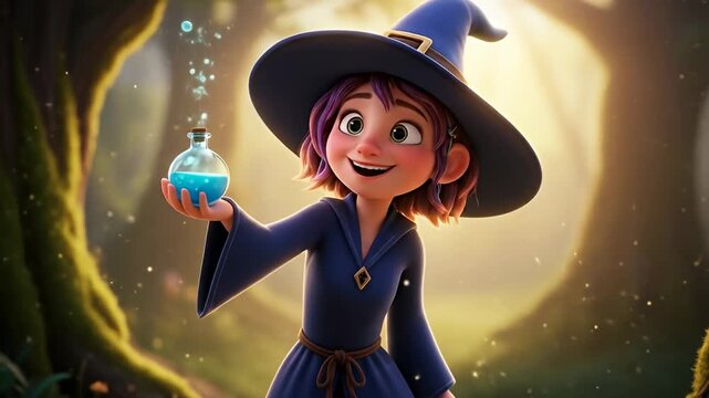 Young witch in a magical forest, joyfully holding a glowing potion amidst enchanting trees