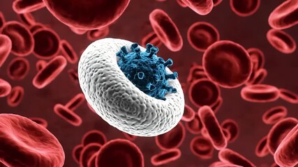 Virus infecting white blood cell among red blood cells - Powered by Adobe