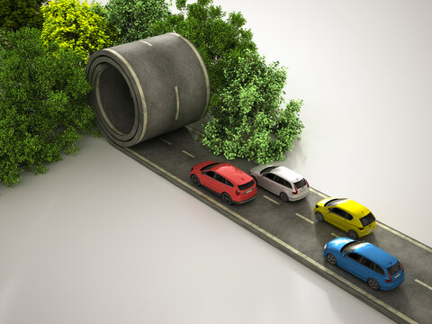 Surreal 3d rendering of cars on a rolled road merging with nature
