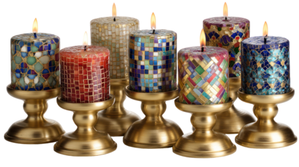 Multicolored mosaic glass candles on gold candle holder, transparent background