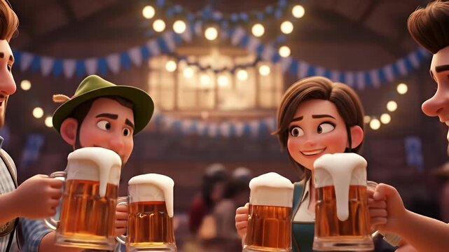 Friends celebrating at a festive gathering, raising beer mugs in a lively atmosphere