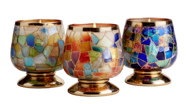 Multicolored mosaic glass candles on gold candle holder, transparent background