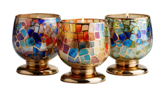 Multicolored mosaic glass candles on gold candle holder, transparent background
