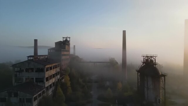 Drone footage capturing an aerial view of an abandoned industrial factory shrouded in morning mist at dawn, urban decay concept.