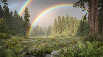 A vibrant rainbow arches over a lush green forest with tall trees and dense vegetation in a serene landscape