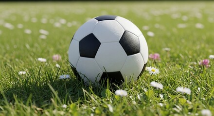 Obraz premium Soccer ball on grass with flowers sports recreation and nature image