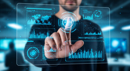 person working with light interface computer using hologram screen futuristic digital workplace technology futuristic computerized technology concept wallpaper background