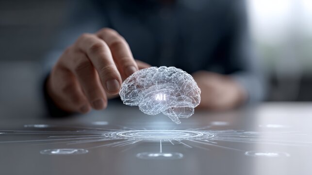 Businessman analyzing holographic human brain projection, representing advanced artificial intelligence integration within innovative technological business environments