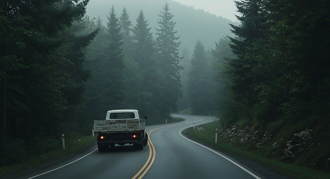 White flatbed truck drives on a winding road through a misty, dense forest - Powered by Adobe