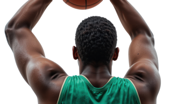 A smiling young male basketball player holding a ball and ready to play a game