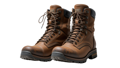 Pair of worn black leather army boots isolated on a white background