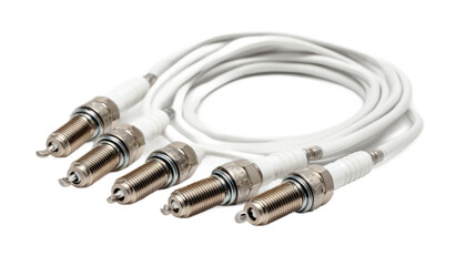 Four spark plugs with coiled white wires