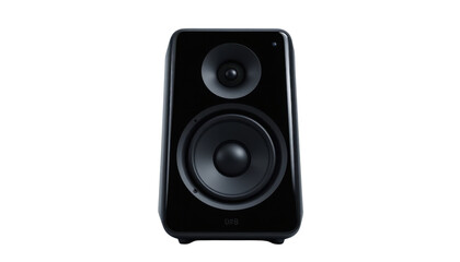 Black wireless audio speaker system with bass woofer isolated on a white background