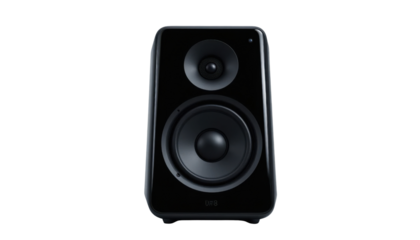 Black wireless audio speaker system with bass woofer isolated on a white background