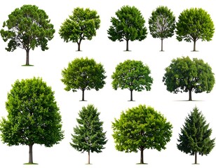 Varied Collection of Lush Green Trees Isolated on a Crisp White Backdrop