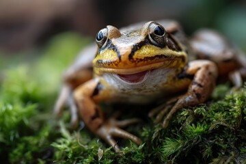 Fototapeta premium A closeup of a frog with its mouth open on a mossy surface