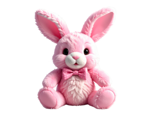 Standing Pink Bunny Plush Toy with Polka Dot Bow Tie Isolated on Transparent Background.