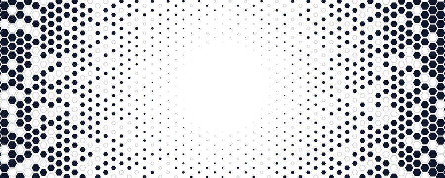 Hexagon honeycomb shapes form gradient halftone pattern radiating toward center, creating abstract futuristic geometric background. Vector illustration