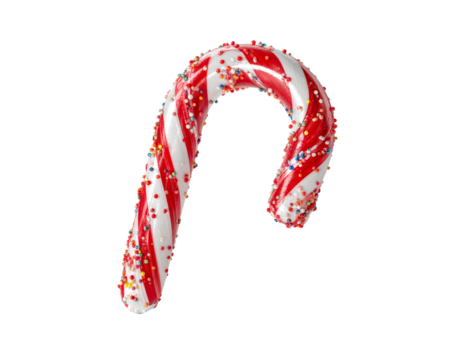 Striped red and white candy cane decorated with tiny colorful sugar sprinkles, shiny  569958