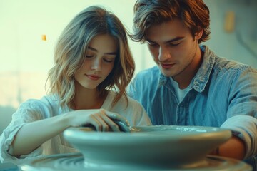 A young couple collaborates on a pottery project, showcasing their teamwork and shared passion for art.