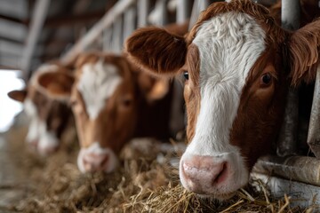 Three cows are munching hay in a cozy barn, gazing at the camera