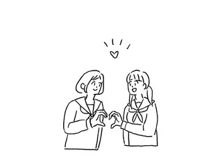 ハートポーズをするセーラー服の女の子二人、線画