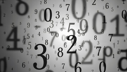 A chaotic display of numbers in varying sizes and depths on a gradient gray background design effect 