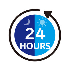 24 Hours Service Icon, 24 7 Open Sign, Day and Night Support Symbol, Customer Assistance Logo Illustration