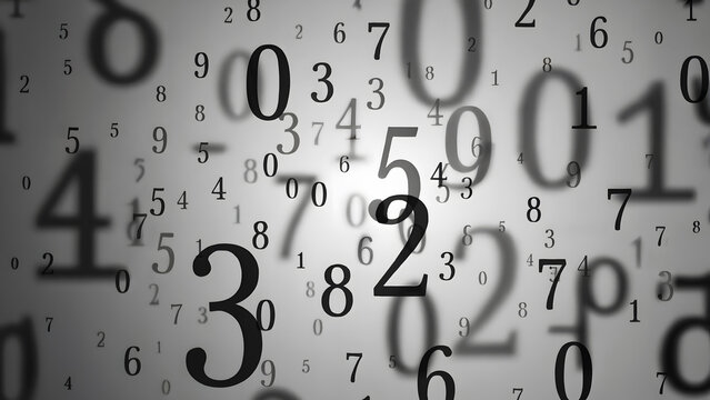 A chaotic display of numbers in varying sizes and depths on a gradient gray background design effect 