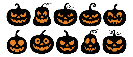 Set of ten black Halloween pumpkins with carved faces featuring various spooky expressions