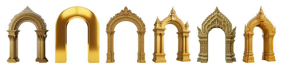 Fototapeta premium Golden archway set of seven including ornate, traditional, and modern styles isolated. Architectural elements and decorative frames.