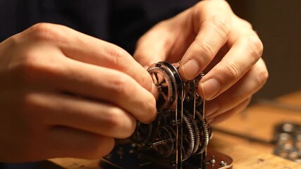 Close up of a watchmaker meticulously assembling a complex clockwork mechanism.