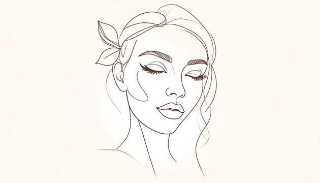 A delicate line drawing portrays a serene woman's face, highlighted by subtle beauty markings and adorned with floral accents.