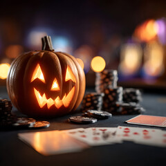 Halloween Casino Night: A carved pumpkin glows amidst poker chips and playing cards, creating a festive gambling atmosphere.