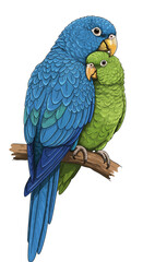 Affectionate Blue and Green Parrots Perched on Branch.